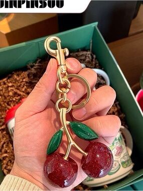 Red Cherry Keychain Bag Charm| Gold Tone | Glitter Resin |Cute Gift｜Set of 2